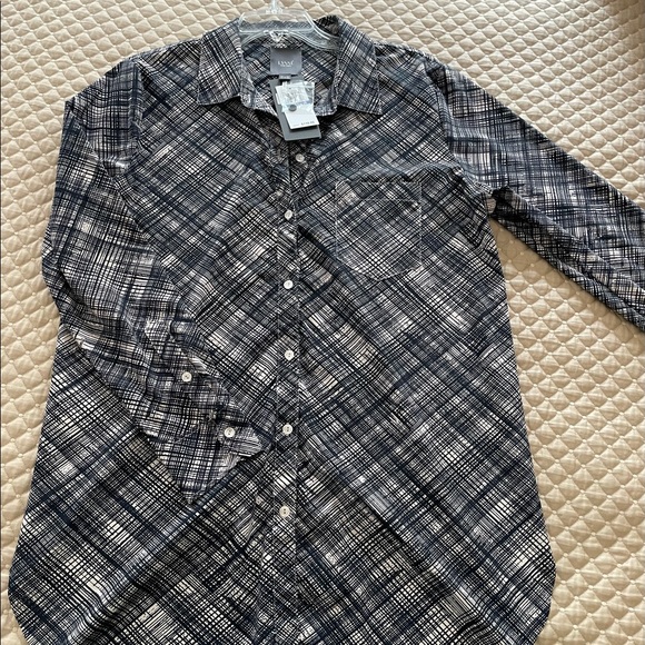 LYSSE Checkered Plaid Microfiber button-down long sleeve blouse NWT XL blue/whit - Picture 2 of 6